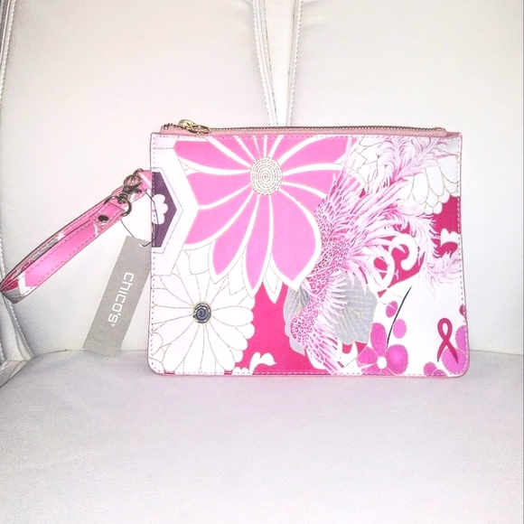 Chico's Accessories - CHICO'S Pink Floral Pouchette Makeup Purse Wristlet